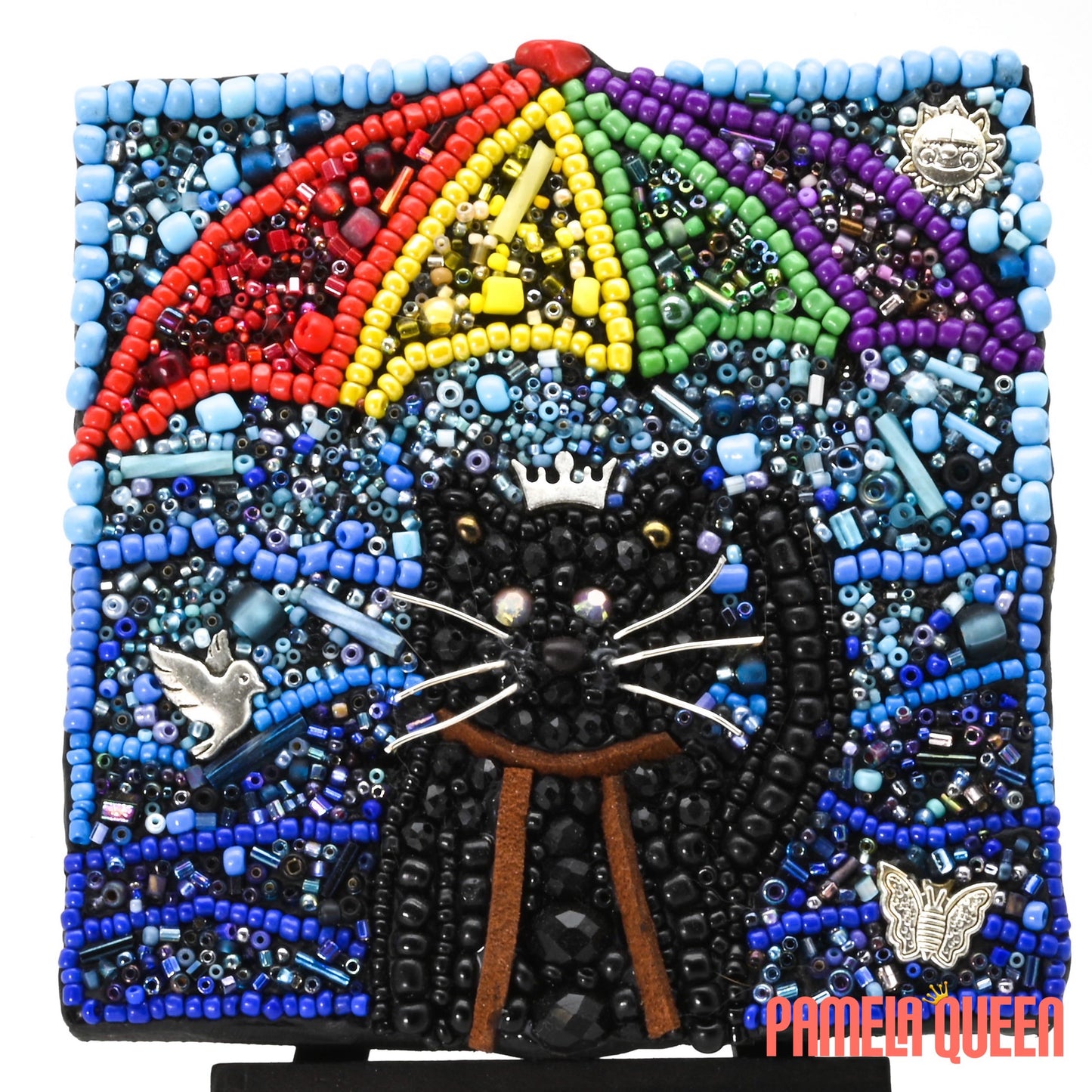 Adventure Kitty - Black Cat Rainbow Umbrella Mixed Media on Canvas