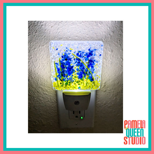 Bluebonnets Wildflowers Landscape Fused Glass Handmade Night Light