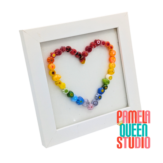 Colorful Rainbow Heart Murrini Fused Glass Framed Art