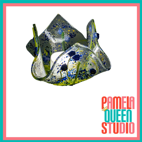 Iris Blue and Yellow Wildflowers Tea Light Candle Holder Draped Handmade Fused Glass