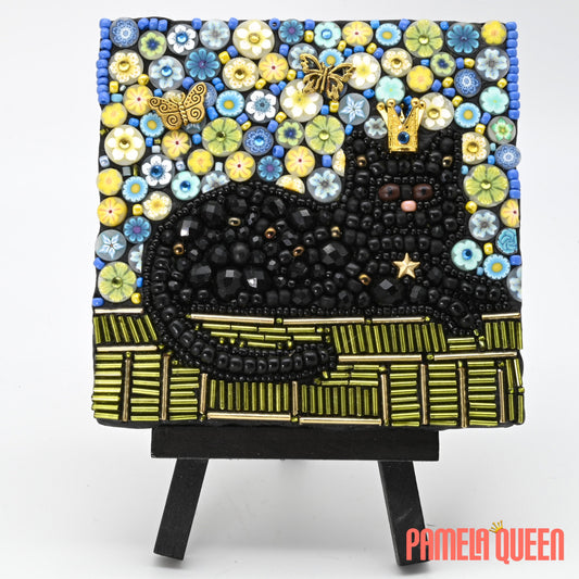 SOLD Queenie the Black Cat Bead Mosaic - Mixed Media on Canvas