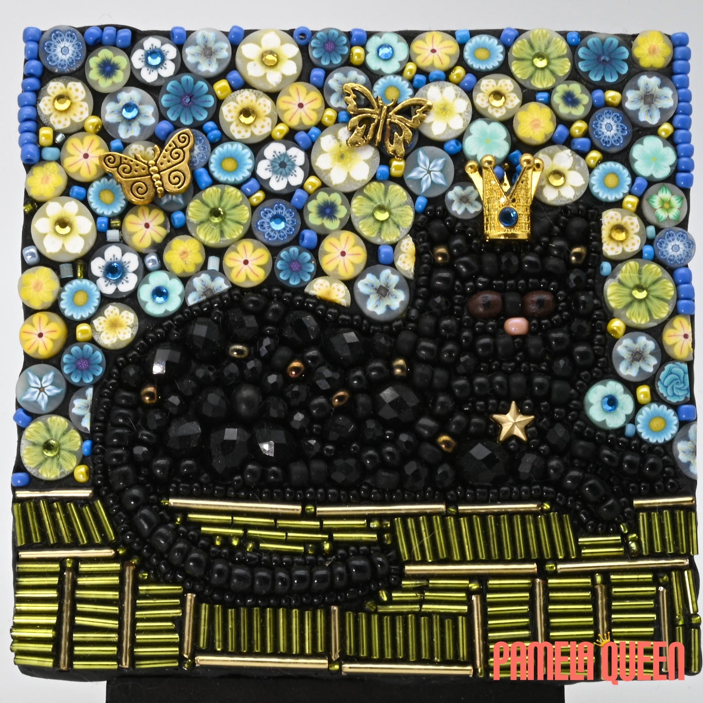 SOLD Queenie the Black Cat Bead Mosaic - Mixed Media on Canvas