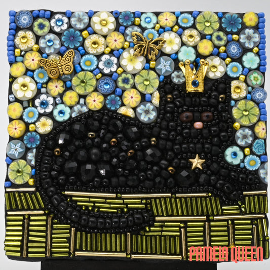 SOLD Queenie the Black Cat Bead Mosaic - Mixed Media on Canvas