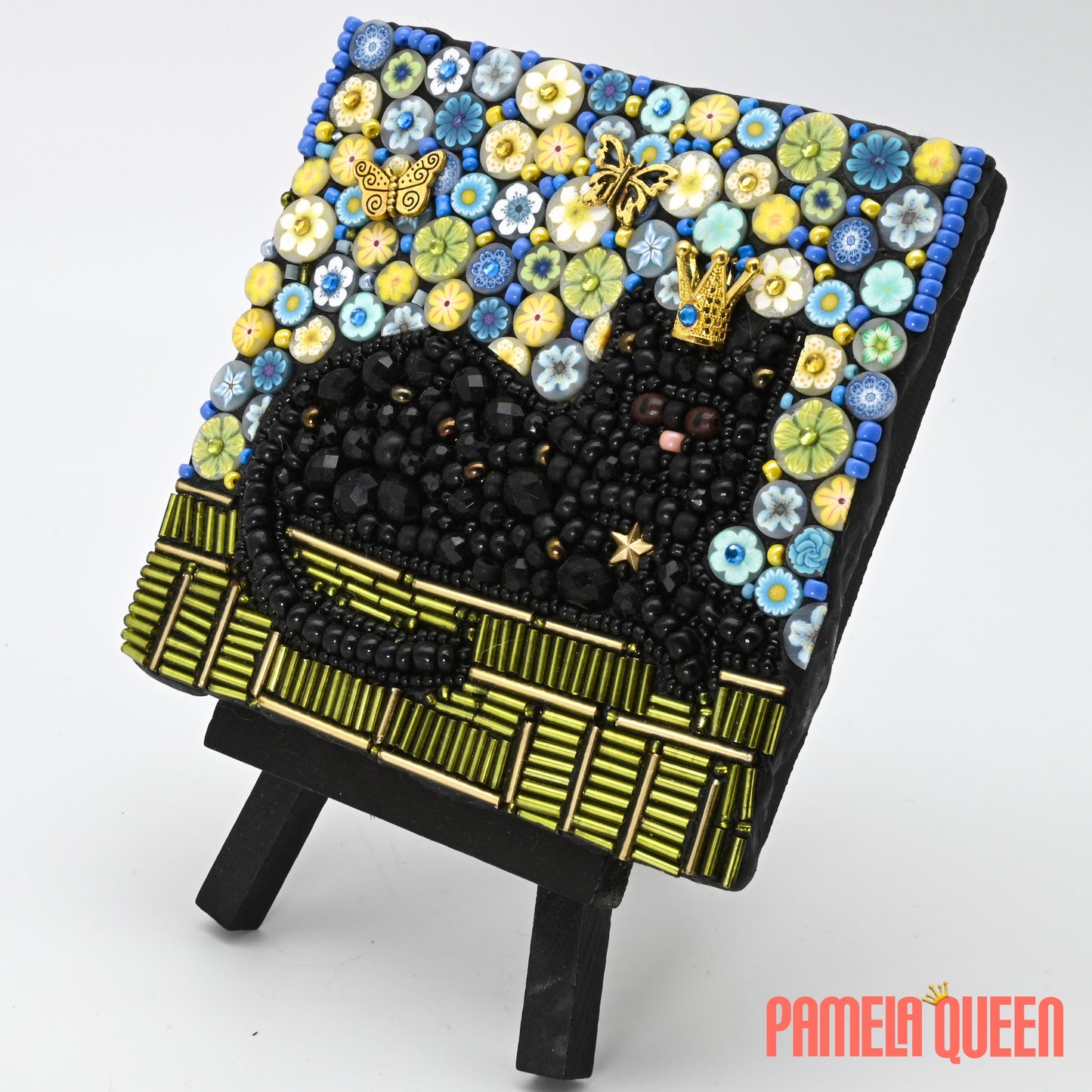 SOLD Queenie the Black Cat Bead Mosaic - Mixed Media on Canvas