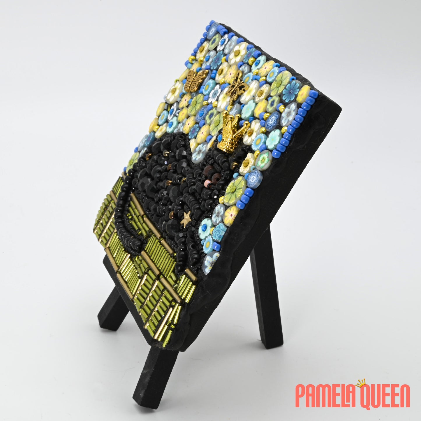 SOLD Queenie the Black Cat Bead Mosaic - Mixed Media on Canvas