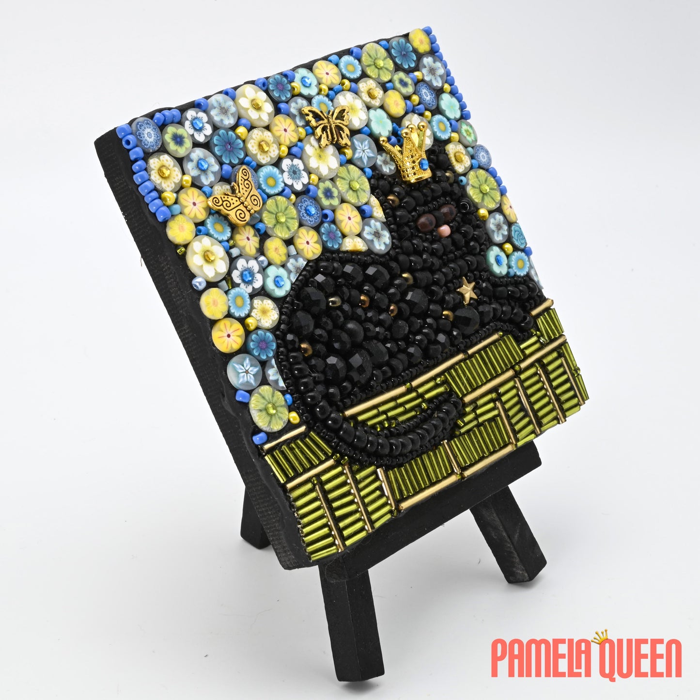 SOLD Queenie the Black Cat Bead Mosaic - Mixed Media on Canvas