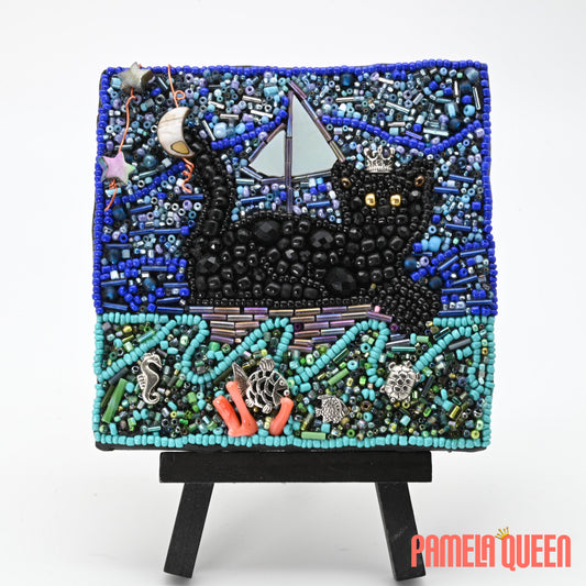 Pepper the Black Cat Sailing the Sea - Mixed Media on Canvas