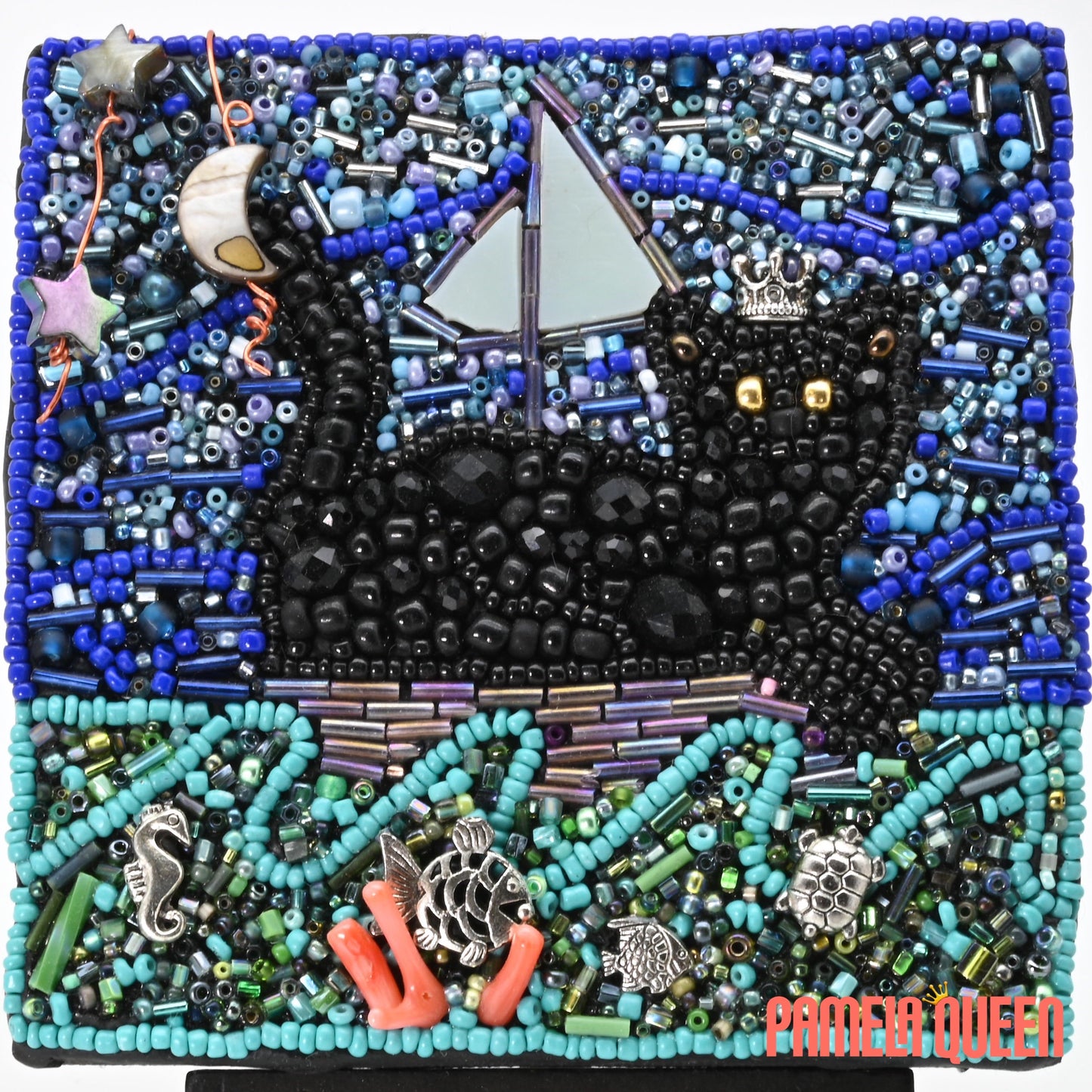Pepper the Black Cat Sailing the Sea - Mixed Media on Canvas