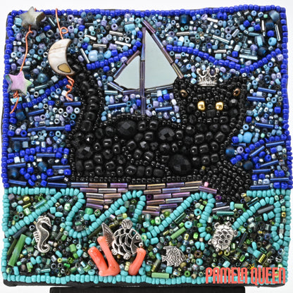 Pepper the Black Cat Sailing the Sea - Mixed Media on Canvas