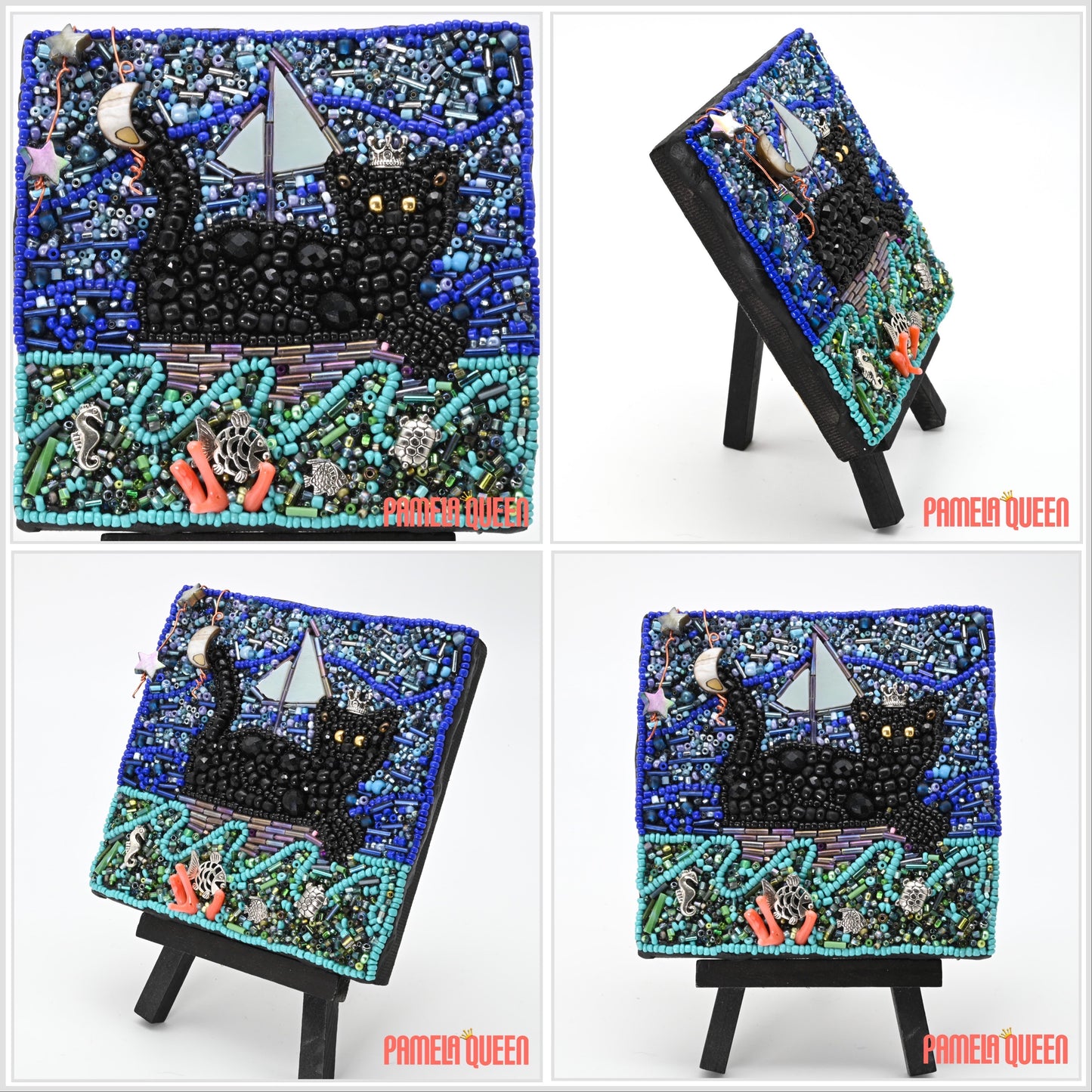 Pepper the Black Cat Sailing the Sea - Mixed Media on Canvas