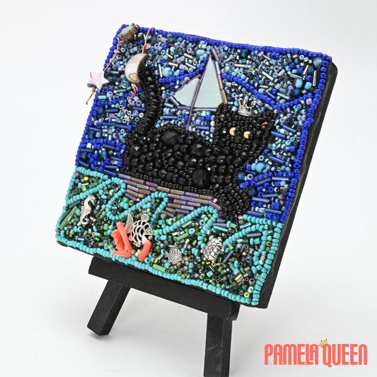 Pepper the Black Cat Sailing the Sea - Mixed Media on Canvas