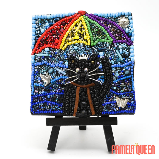 Adventure Kitty - Black Cat Rainbow Umbrella Mixed Media on Canvas