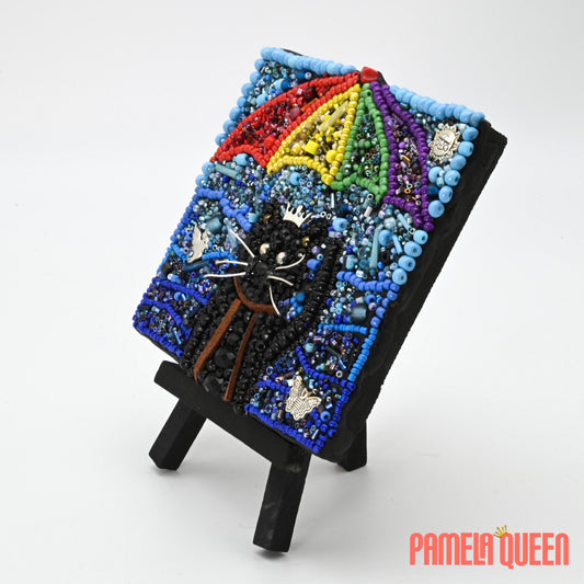 Adventure Kitty - Black Cat Rainbow Umbrella Mixed Media on Canvas