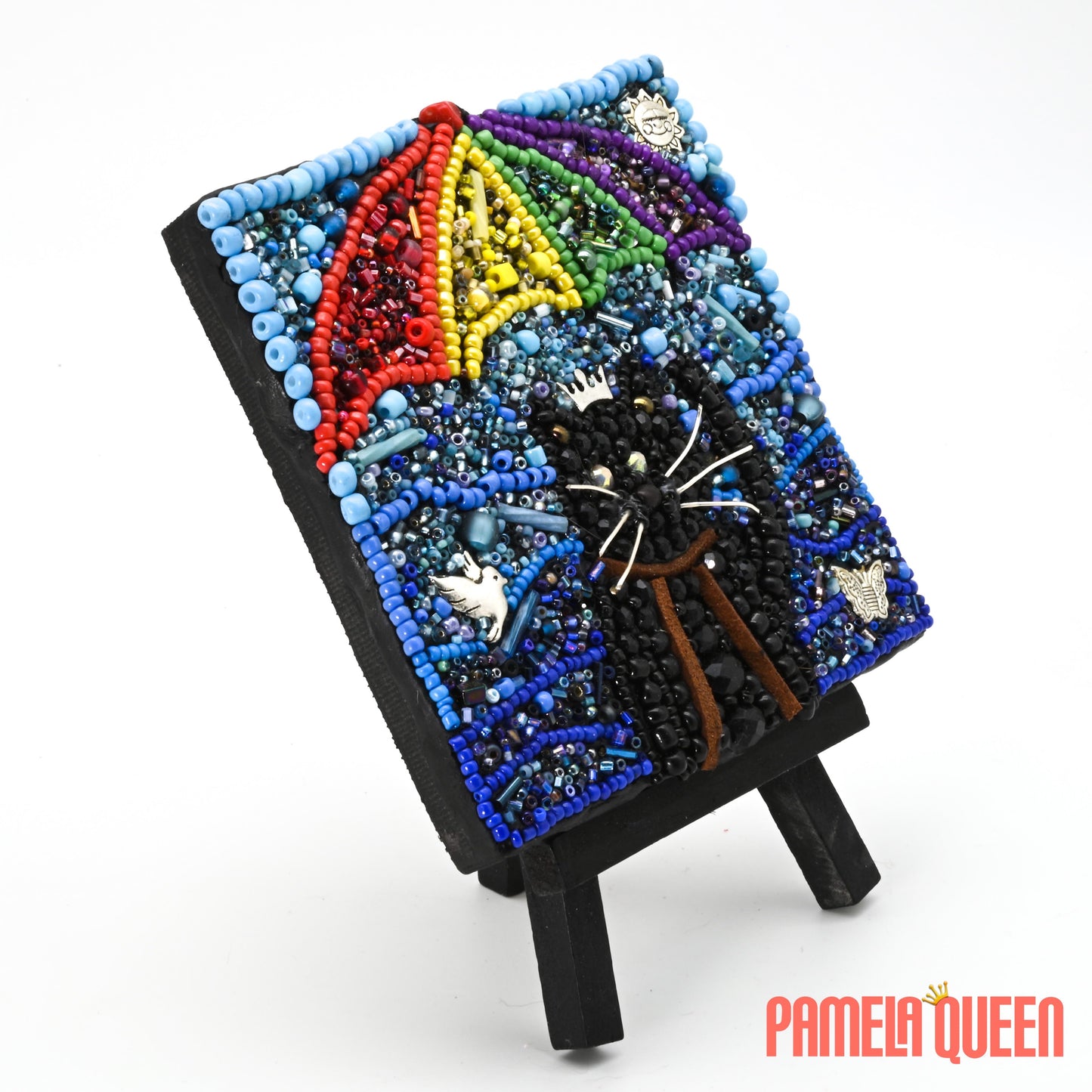 Adventure Kitty - Black Cat Rainbow Umbrella Mixed Media on Canvas
