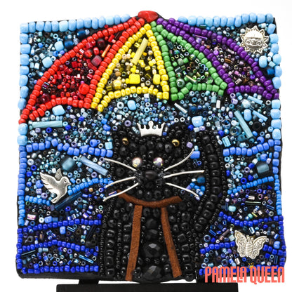 Adventure Kitty - Black Cat Rainbow Umbrella Mixed Media on Canvas