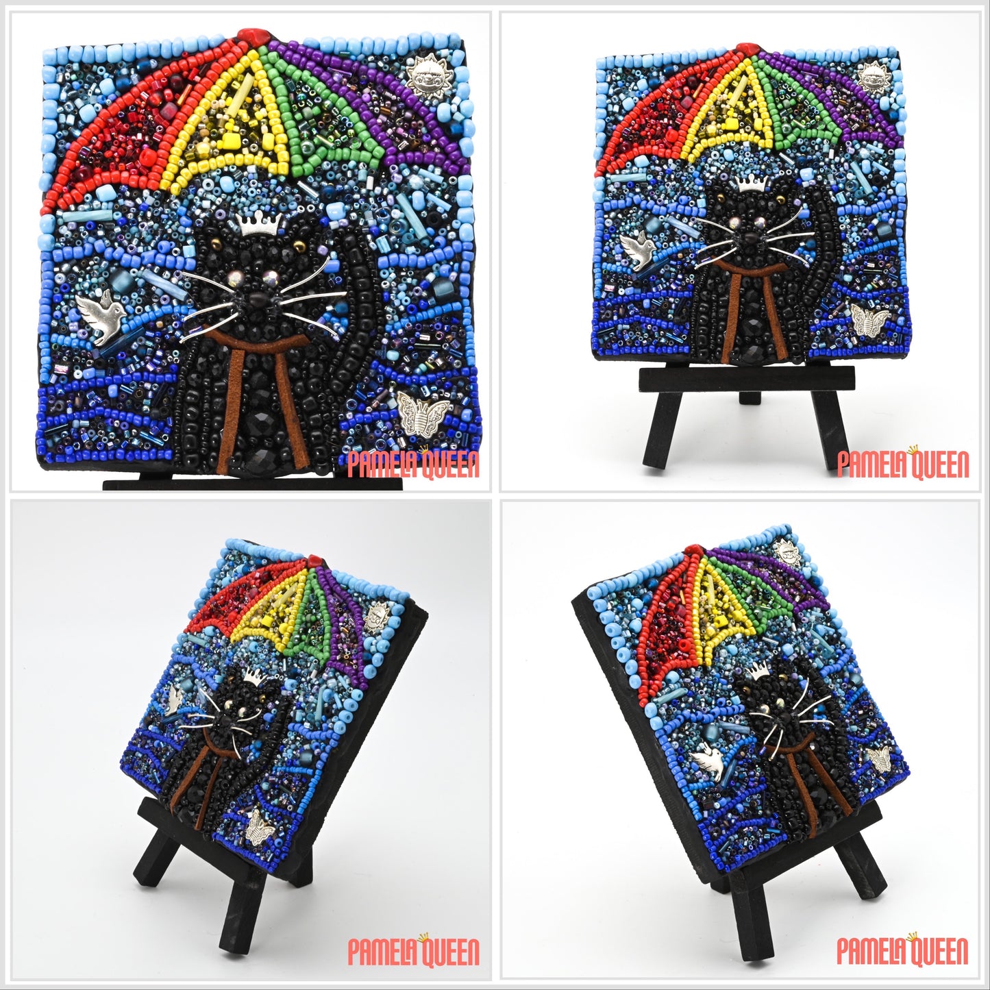 Adventure Kitty - Black Cat Rainbow Umbrella Mixed Media on Canvas