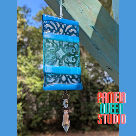 Study in Blue Patterned 3 Suncatcher Original Fused Glass Art