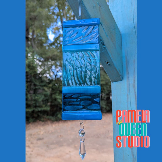 Blue Study Patterned Suncatcher Original Fused Glass Art