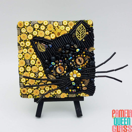 SOLD Frida Cahto Black Cat Bead Mosaic - Mixed Media on Canvas