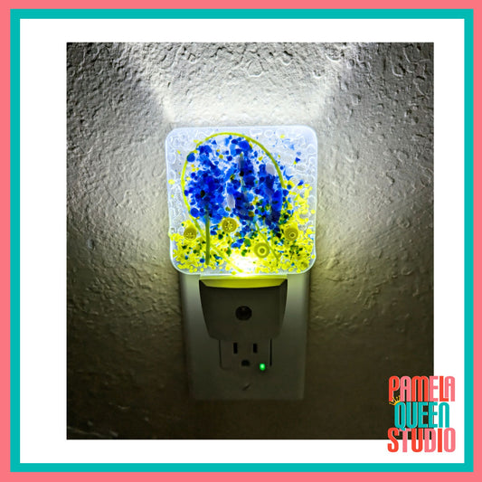 Blue Wildflowers Landscape Fused Glass Handmade Night Light
