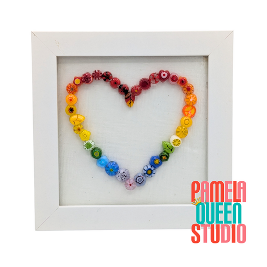 Colorful Rainbow Heart Murrini Fused Glass Framed Art