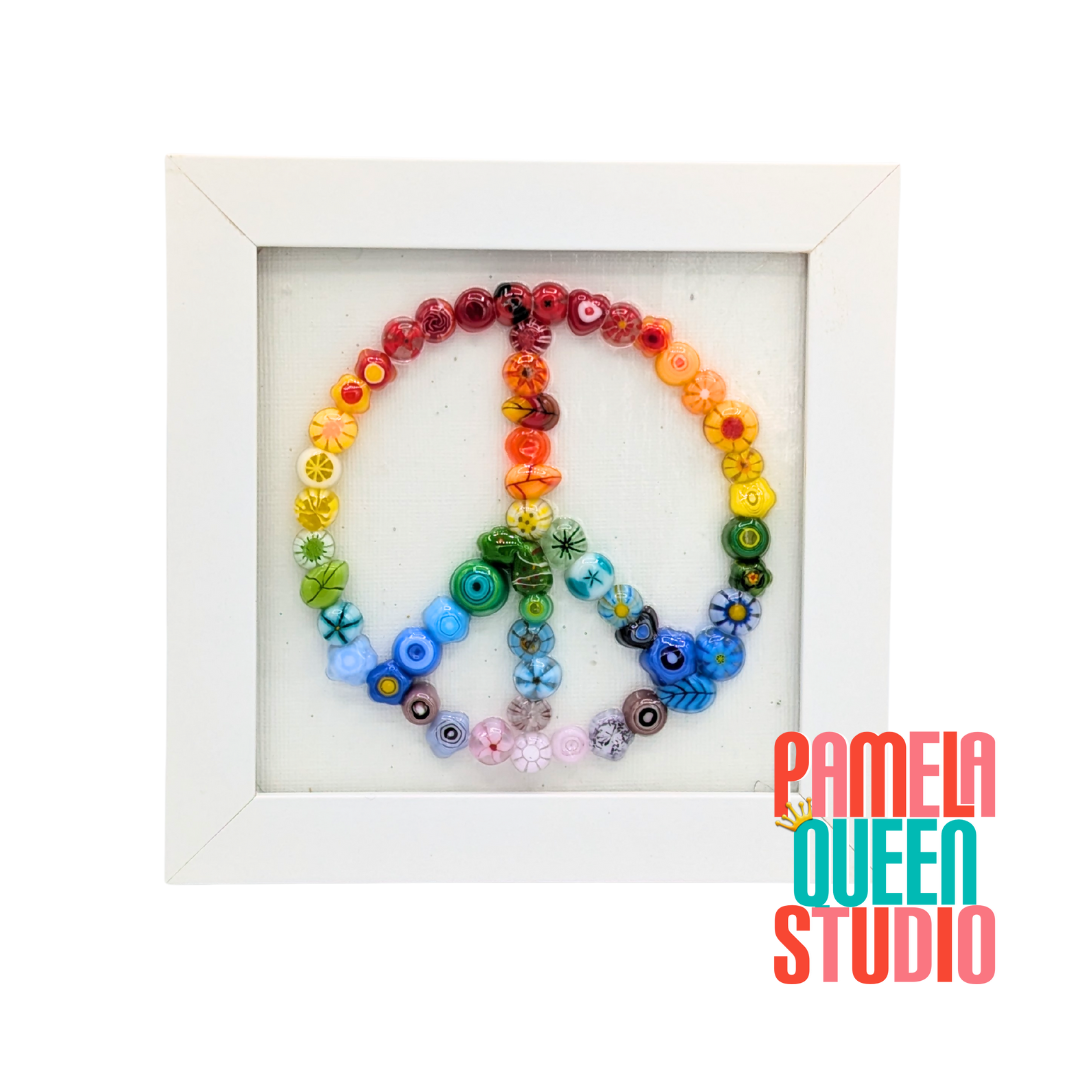 Colorful Rainbow Peace Sign Murrini Fused Glass Framed Art
