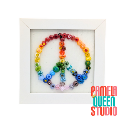 Colorful Rainbow Peace Sign Murrini Fused Glass Framed Art