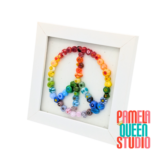 Colorful Rainbow Peace Sign Murrini Fused Glass Framed Art