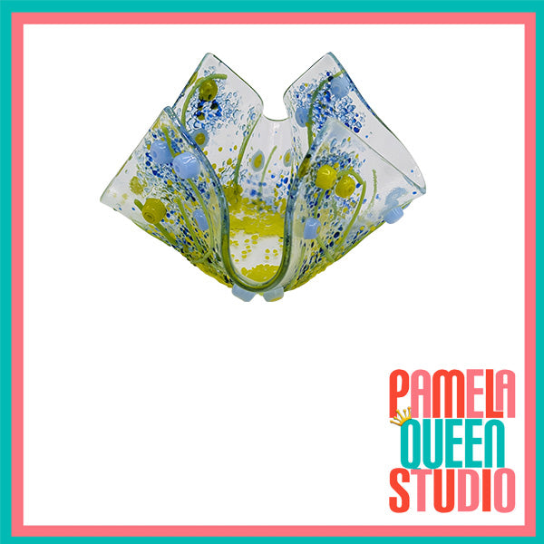 Blue and Green Wildflowers Tea Light Candle Holder Draped Handmade Fused Glass