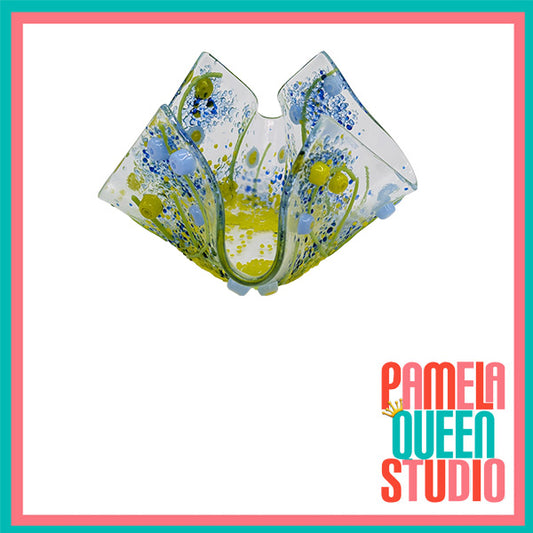 Blue and Green Wildflowers Tea Light Candle Holder Draped Handmade Fused Glass