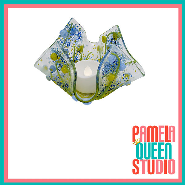 Blue and Green Wildflowers Tea Light Candle Holder Draped Handmade Fused Glass