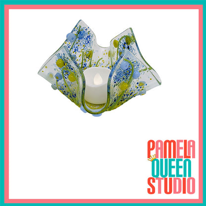 Blue and Green Wildflowers Tea Light Candle Holder Draped Handmade Fused Glass