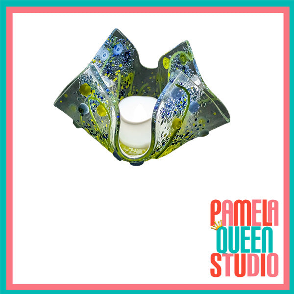 Blue and Green Wildflowers Tea Light Candle Holder Draped Handmade Fused Glass