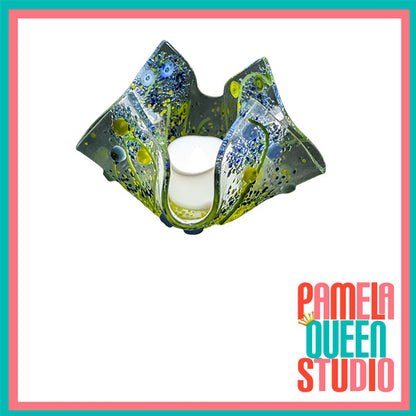 Blue and Green Wildflowers Tea Light Candle Holder Draped Handmade Fused Glass