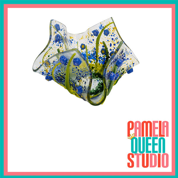 Iris Blue and Yellow Wildflowers Tea Light Candle Holder Draped Handmade Fused Glass
