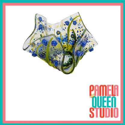 Iris Blue and Yellow Wildflowers Tea Light Candle Holder Draped Handmade Fused Glass