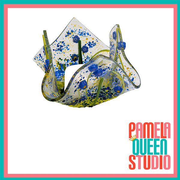 Iris Blue and Yellow Wildflowers Tea Light Candle Holder Draped Handmade Fused Glass