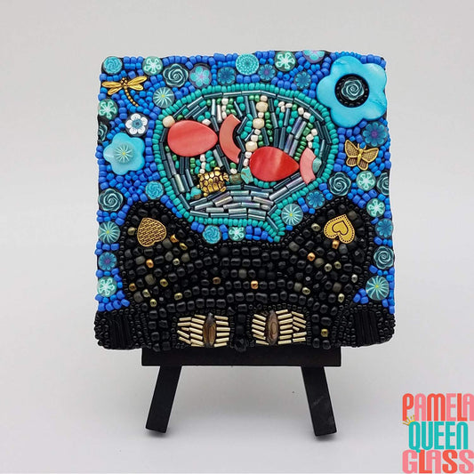 SOLD Jasper Black Cat Bead Mosaic - Mixed Media on Canvas